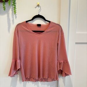Fairy Whimsy Euro Blush Pink Women's Top Bell Sleeve Lace Trim Detail V-neck M